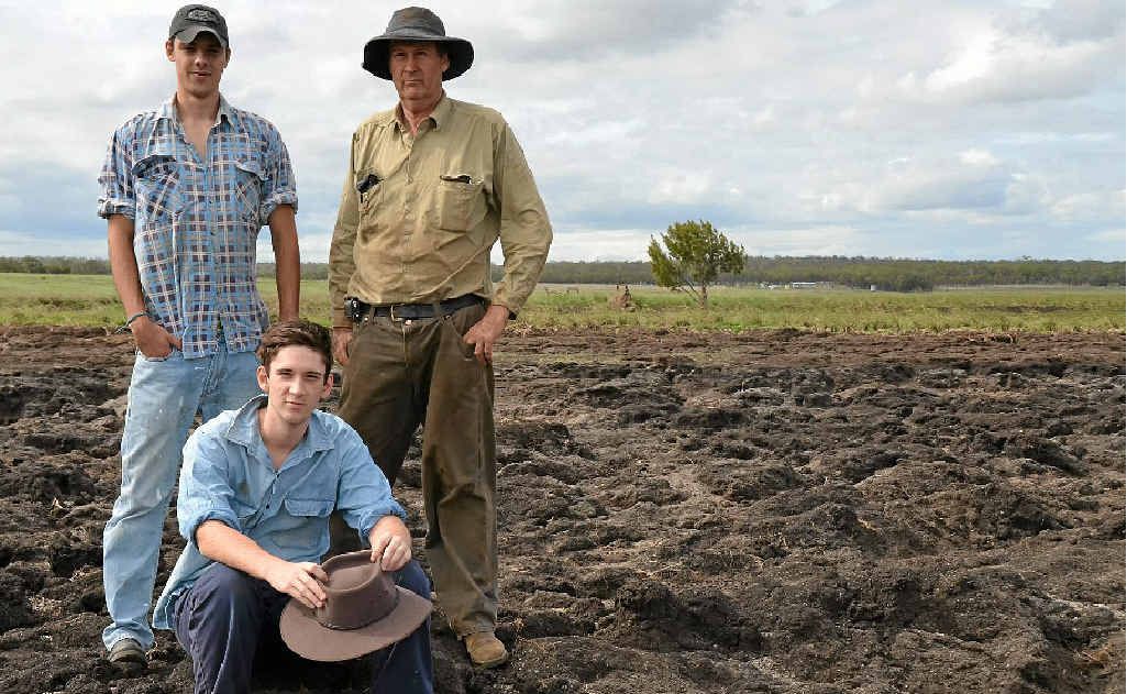 Bony Mountain farmers (from left) William and Richard Jubb, and family friend Richard Lang are among hundreds of producers dealing with the effects of the third major flood in as many years.
